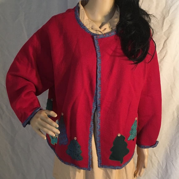 Red Sweatshirt Christmas Tree Jacket Hanes XL - Picture 2 of 3